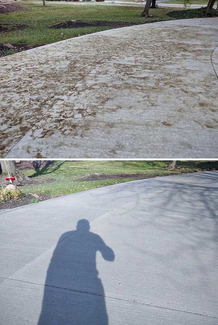 Before and after comparison showing a heavily stained concrete driveway restored to a clean finish