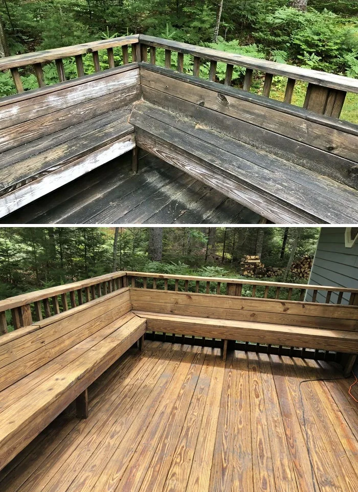 Before and after comparison showing a dark weathered deck and built-in seating restored to clean natural wood