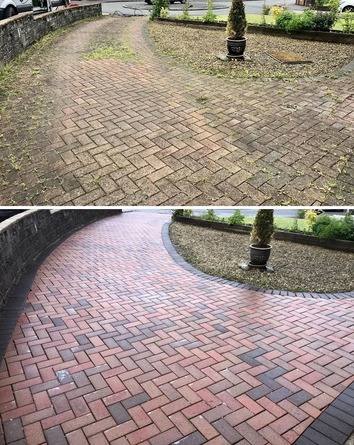 Before and after comparison showing a weed-covered block-paver driveway restored to a clean finish