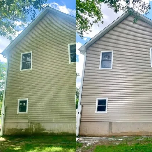 Before and after comparison showing stained house siding restored to a clean finish